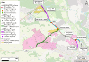 Map of the A382 MRN FBC Scheme. It shows areas of housing and mixed use north of the A383 and near churchills roundabout, as well as employment sites at Forches Cross and Ilford Park. It shows junction upgrades at Trago Mills roundabout, Forches Cross, Ringslade roundabout, whitehill cross and south of the ice house copse. It also shows shared use paths, as well as a signalised crossing at Forches Cross
