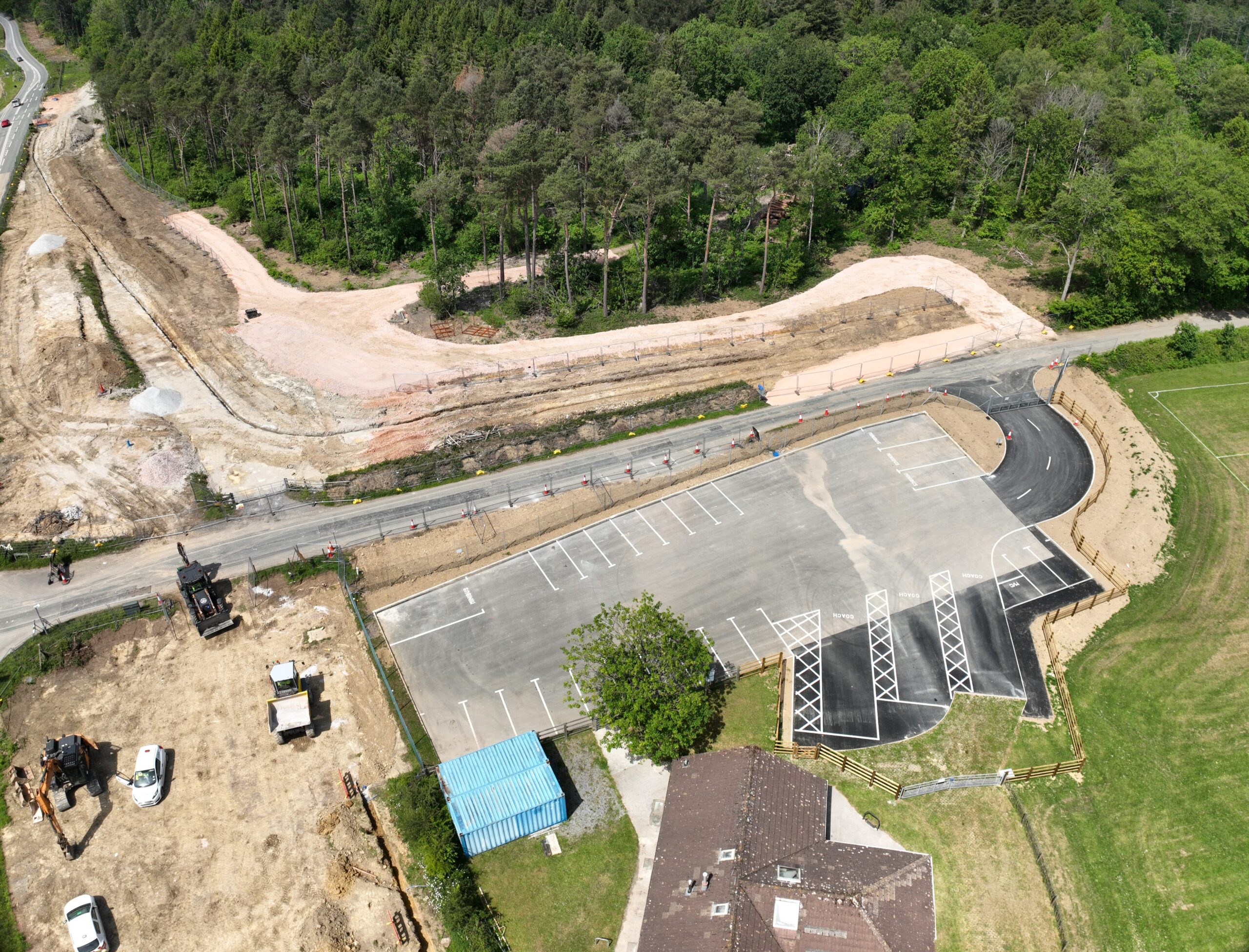 An aerial image of the playing field carpark near Forches Cross on the A382.