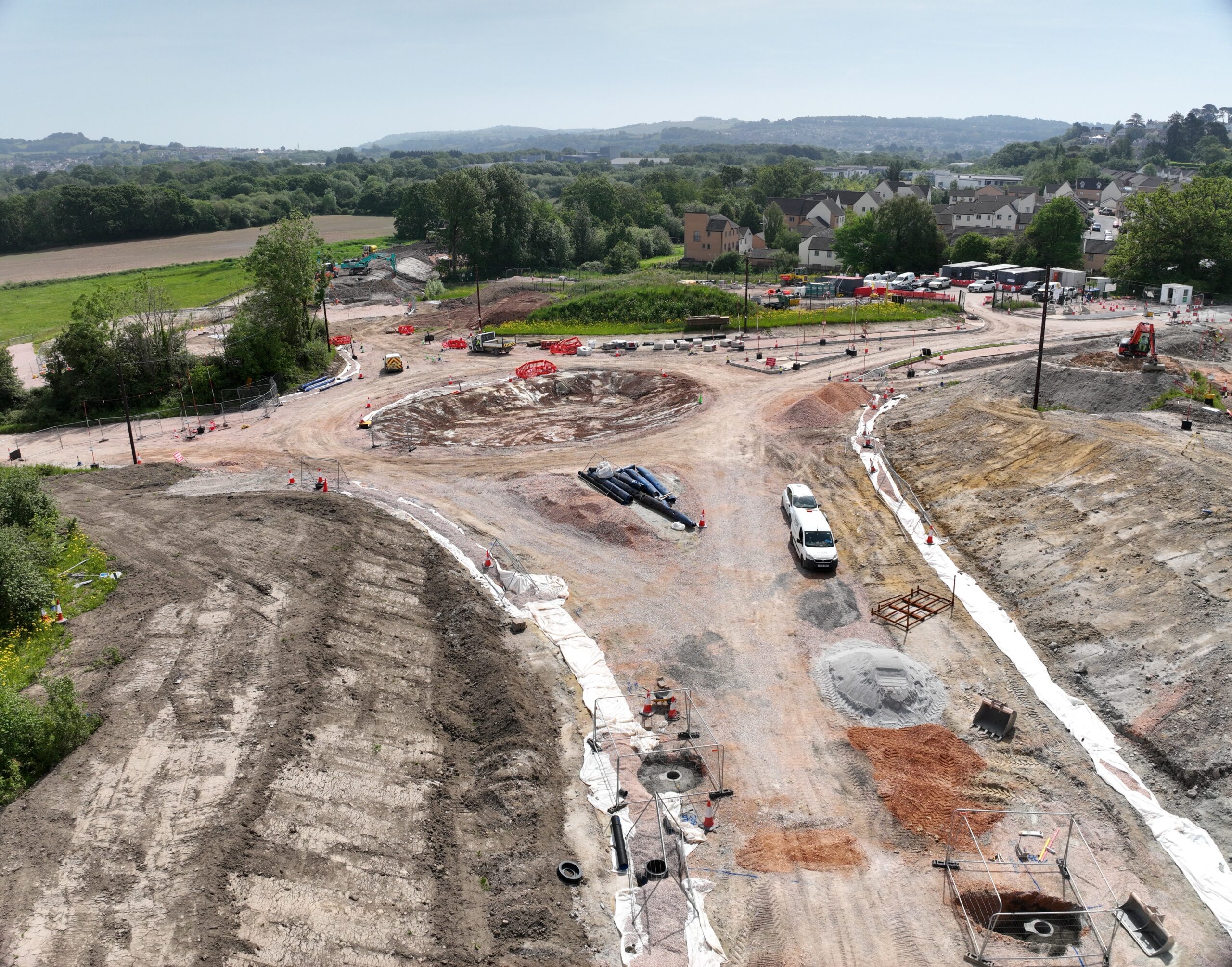 An aerial image of of a new stretch of the A382 at Jetty Marsh, leading into the new roundabout