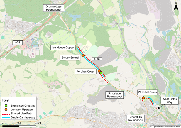 Map of A382 improvement scheme area