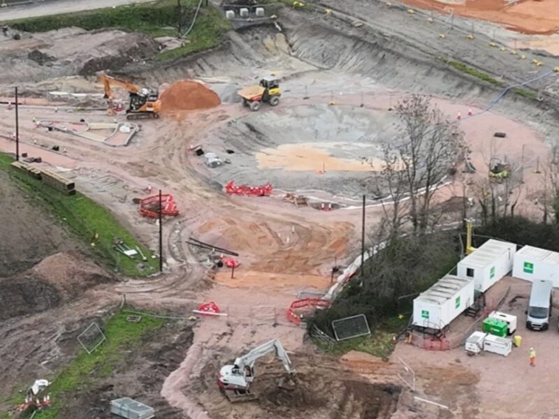 An aerial shot of the Jetty Marsh new roundabout in the construction site