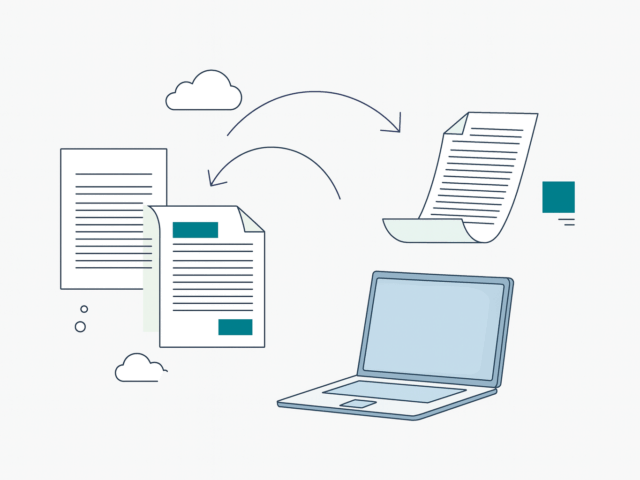 Illustration of a laptop exchanging digital documents with a cloud, representing online file sharing and document transfer.
