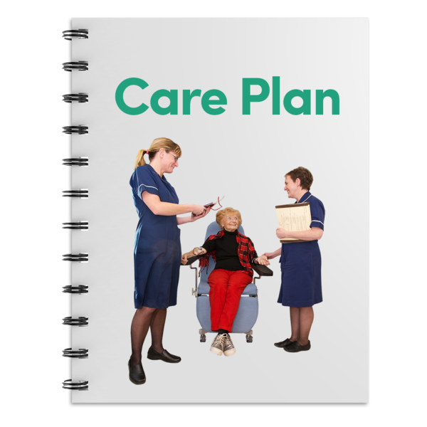 Image of 2 Nurses looking after an elderly woman printed on a binder book, representing a care plan