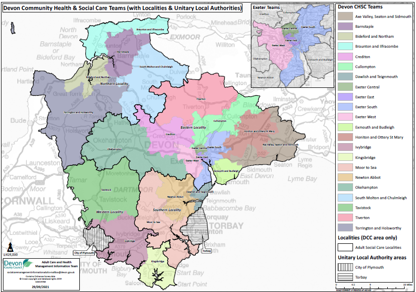Devon Community Health and Social Care Teams with locality and local authority boundaries