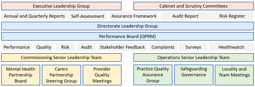 A graphic illustrating the approach to the governance of assurance in Integrated Adult Social Care in Devon County Council.