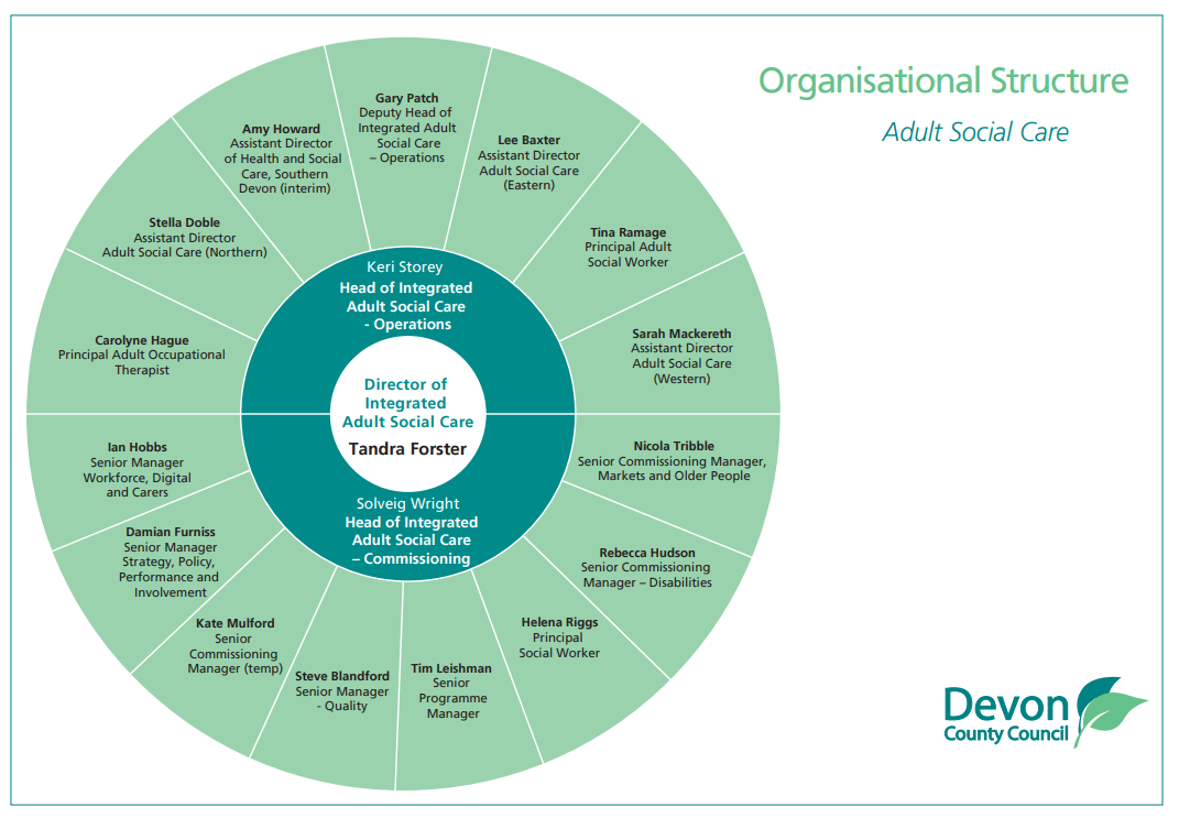 Organisational structure chart: Devon County Council Director of Integrated Adult Social Care and Senior Leadership Teams
