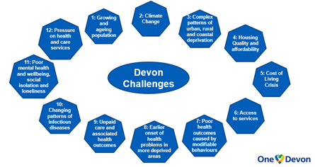 Diagram showing the 12 challenges the One Devon Partnership Integrated Care Strategy is intended to address. 1. Growing and ageing population
2. Climate change
