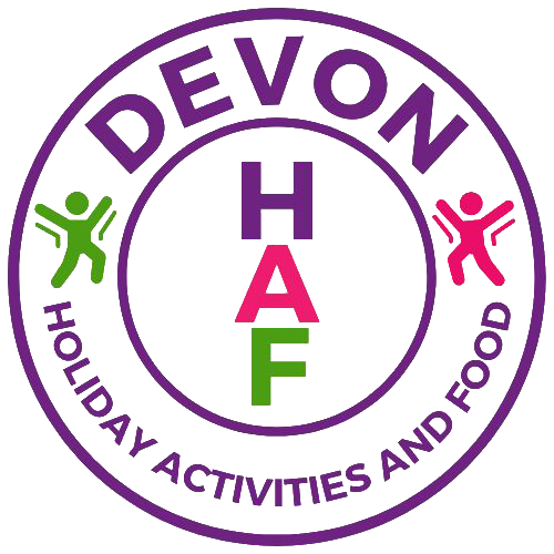 Circular logo for “DEVON Holiday Activities and Food (HAF).” The design features a purple double-ring border with the word “DEVON” in large purple letters across the top. Inside the center circle, the letters “H,” “A,” and “F” are stacked vertically in purple, pink, and green. On either side are stylized figures with raised arms—green on the left and pink on the right. The words “HOLIDAY ACTIVITIES AND FOOD” curve around the bottom of the outer ring in purple text.