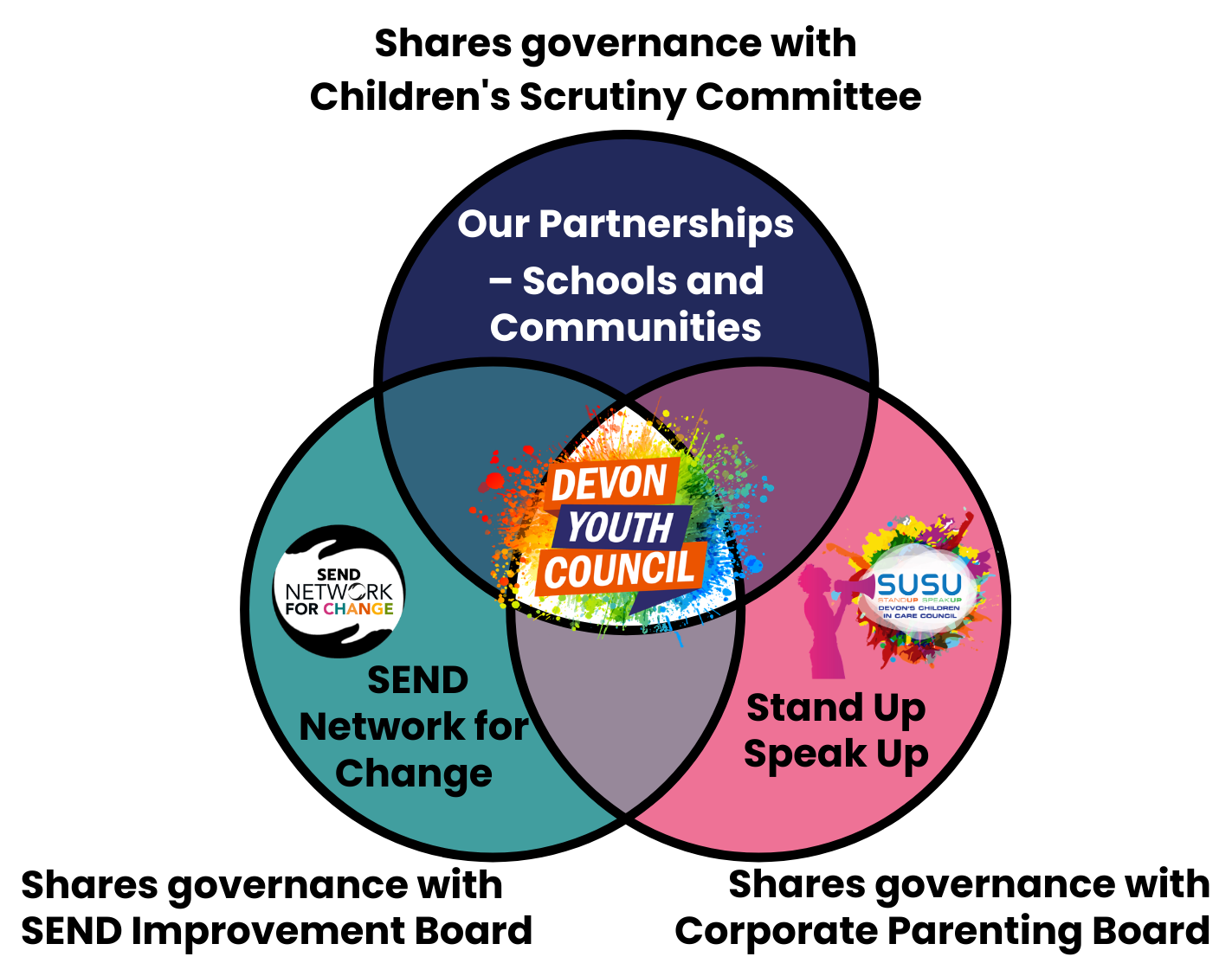 A Venn diagram showing the structure of youth participation in Devon.