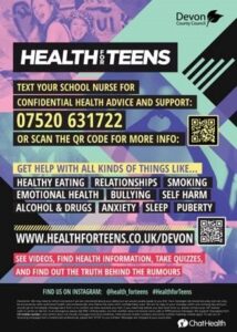 Health for Teens poster showing phone number, website and problems that are helped