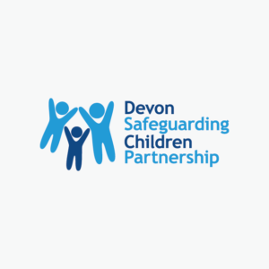 The words Devon Safeguarding Children Partnership and an image of three people shaped icons jumping