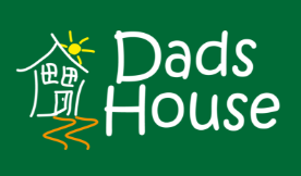 A cartoon style drawing of a house with the sun rising from behind the roof, and the words Dad's House 