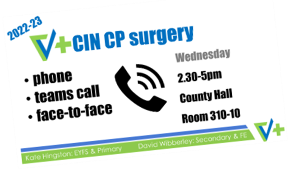 Graphic promoting the Extended Virtual School's CIN and CP surgery, on Wednesdays from 2.3-5pm. Advice can be given by phone, via Teams call, or face-to-face.