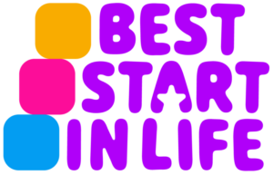 Colourful “Best Start in Life” logo with rounded gradient purple text and three stacked square icons in orange, pink, and blue on the left.