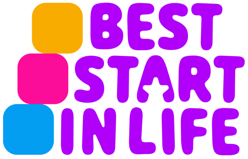 Colorful “Best Start in Life” logo with rounded gradient purple text and three stacked square icons in orange, pink, and blue on the left.