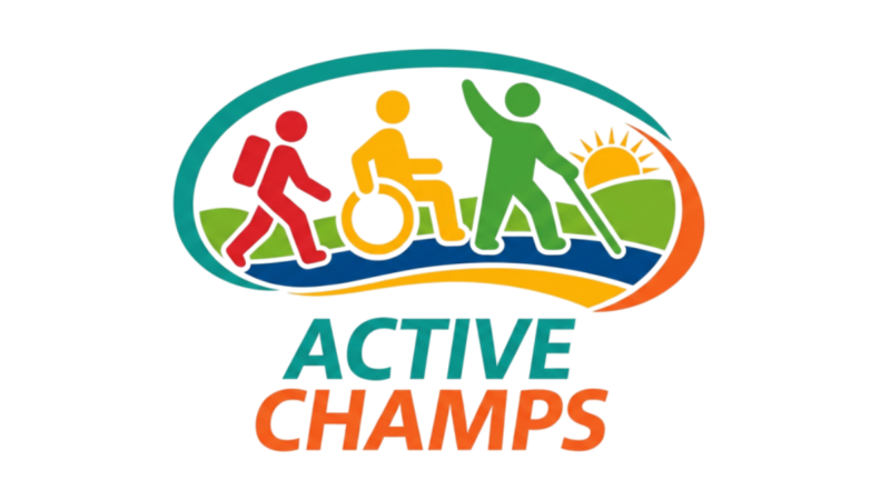 The active champs logo, showing three people outdoors, one is using a stick, another is in a wheelchair.