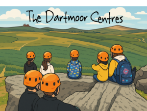 Cartoon style picture of a group of children wearing orange helmets, sitting on a rock, looking over open fields and hills