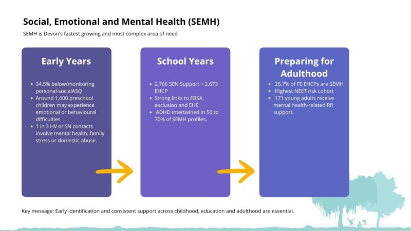 Infographic showing the SEMH needs across the life course. All data is replicated in the text above.