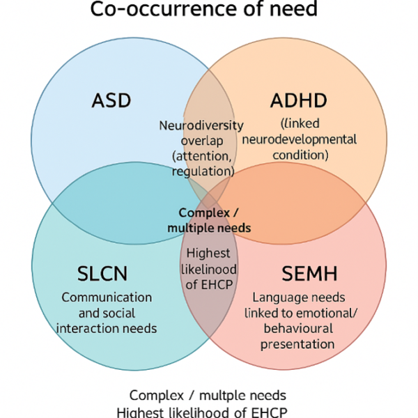 circles. One is labelled ASD, another is ADHD, another is SLCN and the fourth is SEMH. The central area, where all four overlap is labelled "complex multiple needs". The overlap between ASD and ADHD is labelled "neurodiversity overlap, attention and regulation". The overlap between SLCN and SEMH is labelled "highest likelihood of EHCP".