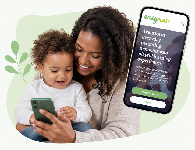 Parent and young child smiling together while using a smartphone, alongside a phone displaying the EasyPeasy parenting app.