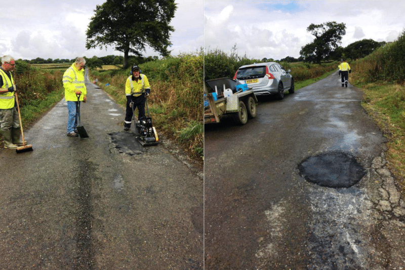 team members using the whacker placte to tamp down the PPR material and the end result