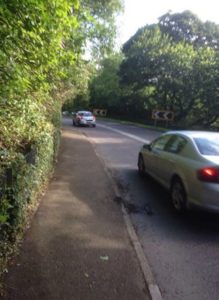 cars on road with pavement and hedges running alongside coming up to a sharp left hand bend with the black and white roadsigns that symbolise this