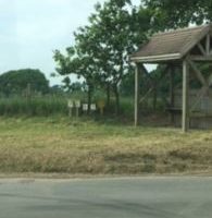 wooden shelter with seating on grass verge at side of a road