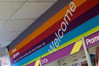 welcome sign in a library