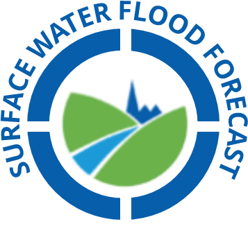 logo of some hills and a church with the words surface water flood forecast