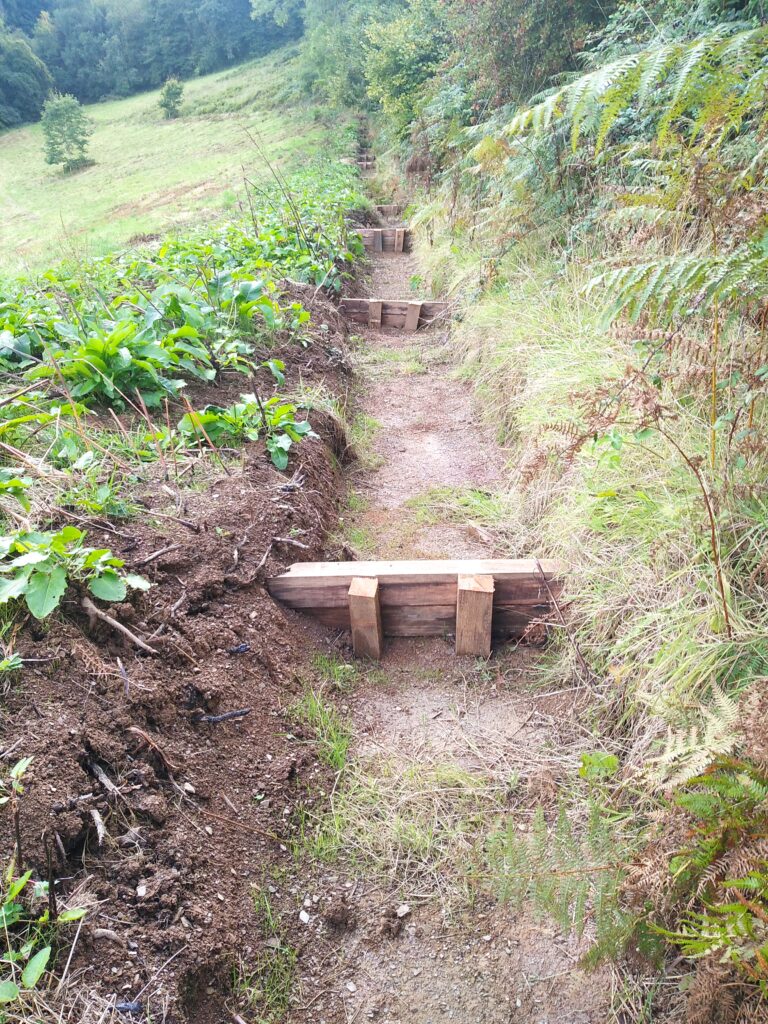Channel in a field with a series of wooden boards 
