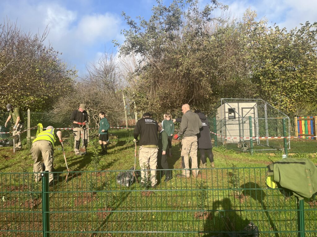 Group of gardeners working with spades and tools in a fenced grassy area.
