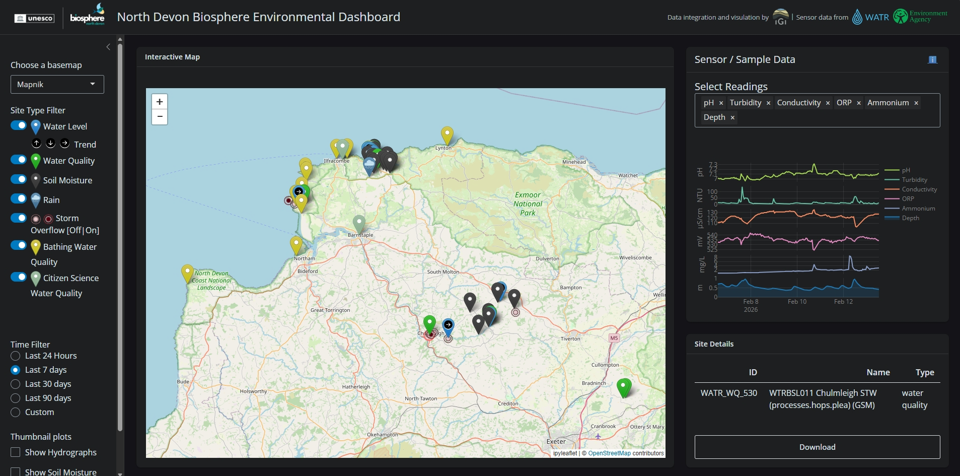 Digital map of North Devon with numerous location pins scattered across it.