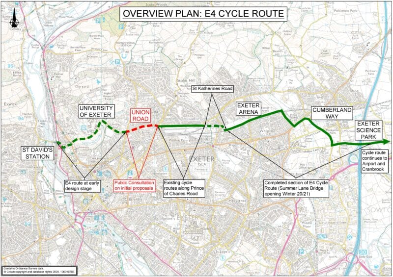 Overview plan showing the phases of the improvements to the E4 cycle route in Exeter.