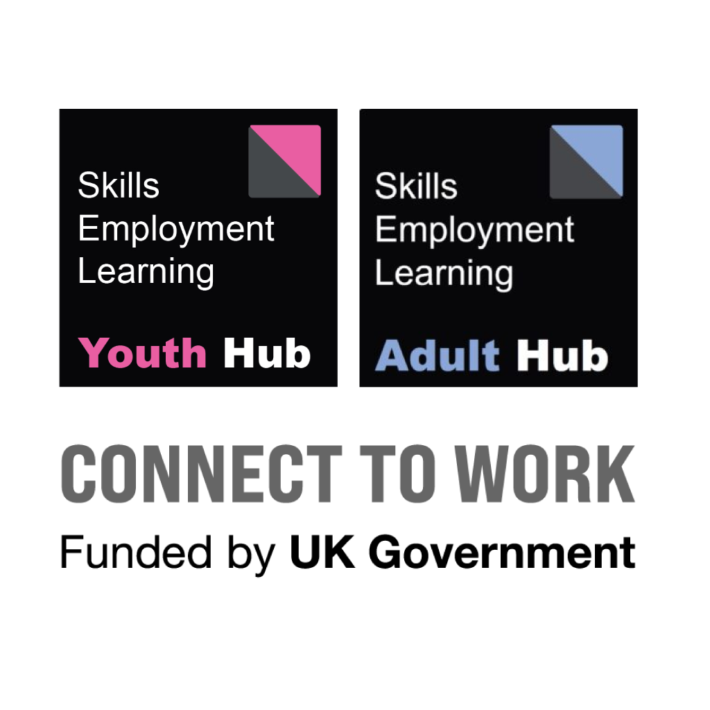 Two dark square logos side by side on a black background. The left logo reads ‘Skills Employment Learning’ above the words ‘Youth Hub’ in pink, with a small square icon featuring a pink and dark gray diagonal design. The right logo reads ‘Skills Employment Learning’ above the words ‘Adult Hub’ in light blue, with a matching square icon in blue and dark gray. Below both logos, large gray text reads ‘CONNECT TO WORK.