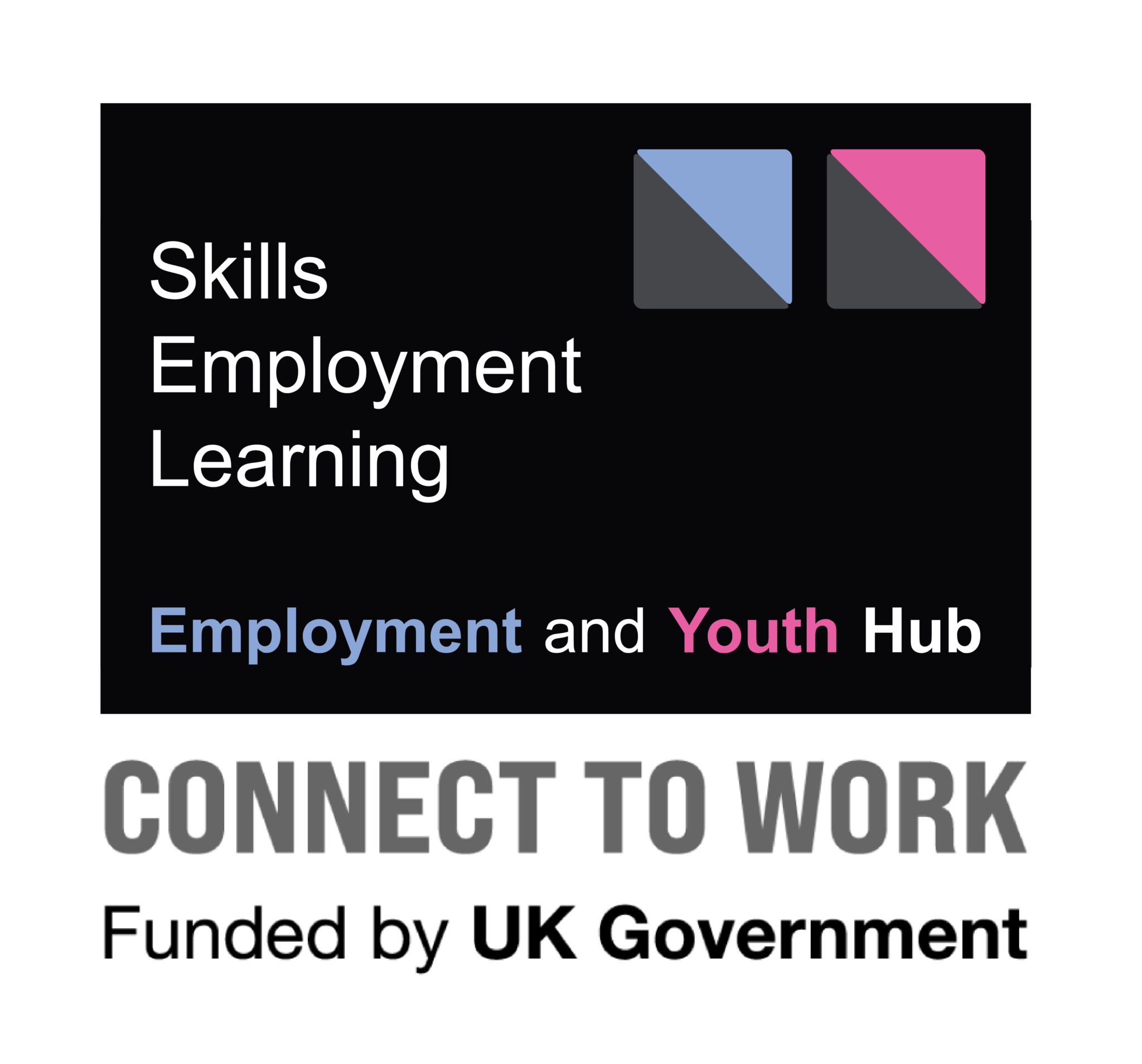 Logo for the Employment and Youth Hub. The design features the words “Skills,” “Employment,” and “Learning” in white text on a black background, alongside blue and pink geometric icons. The text “Employment and Youth Hub” appears below, with “Employment” in blue and “Youth” in pink. Beneath the logo, large grey text reads “CONNECT TO WORK,” followed by “Funded by UK Government” in black text.