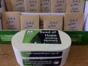 Seed of Hope seeds in packets displayed in stand and tub of seeds at the front