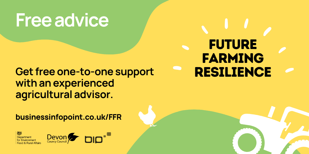 A Future Farming Resilience advertisment banner featuring the Future farming resilience logo with title "free advice", caption "Get free one-to-one support with an experienced agricultural advisor" with website address for Business Information point "businessinfopoint.co.uk/ffr" and the DEFRA, Devon County Council and Business Information Point logos