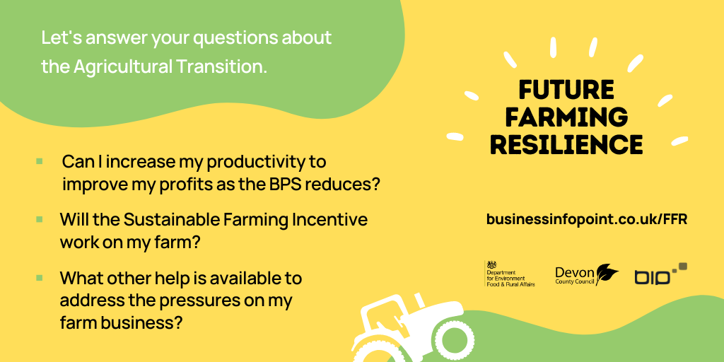 A Future Farming Resilience advertisement banner featuring the Future farming resilience logo with title "Let's answer your question about the Agricultural Transition", captioned with the following questions "Can I increase my productivity to improve my profits as the BPS reduces? Will the Sustainable Farming Incentive work on my farm? What other help is available to address the pressures on my farm business?" with website address for Business Information point "businessinfopoint.co.uk/ffr" and the DEFRA, Devon County Council and Business Information Point logos