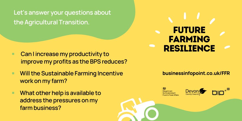 A Future Farming Resilience advertisment banner featuring the Future farming resilience logo with title "Let's answer your question about the Agricultural Transition", captioned with the following questions "Can I increase my productivity to improve my profits as the BPS reduces? Will the Sustainable Farming Incentive work on my farm? What other help is available to address the pressures on my farm business?" with website address for Business Information point "businessinfopoint.co.uk/ffr" and the DEFRA, Devon County Council and Business Information Point logos