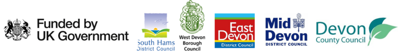 Funded by UK Government, South Hams, West Devon, East Devon and Mid Devon district councils and Devon County Council logos.