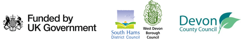 Funded by UK Government, South Hams District Council, West Devon District Council, and Devon County Council logos.