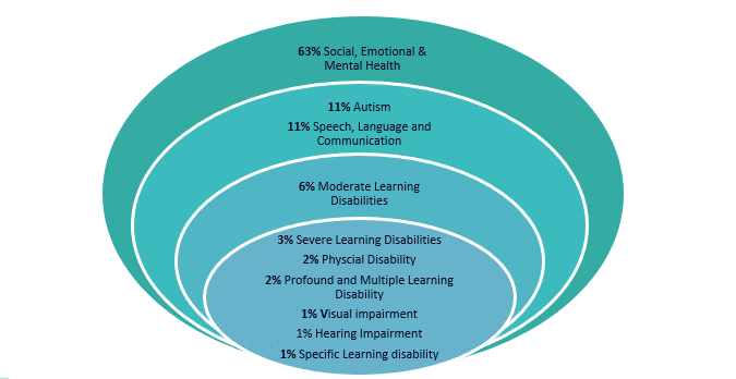 The image is a green circular shape which shows the breakdown of EHCPs for children and young people in care by the primary need