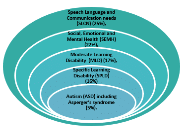 The image is a green circular shape which shows the breakdown of SEN support by the child’s primary need