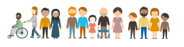 The image shows a cartoon of lots of different people. The people are different genders, some have physical disabilities, they are from different ethnicities and are different ages.