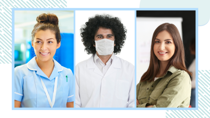 Three types of people who might give a vaccination: a woman in a nurse uniform; a man in a white coat who is wearing a face mask; a woman in casual clothes