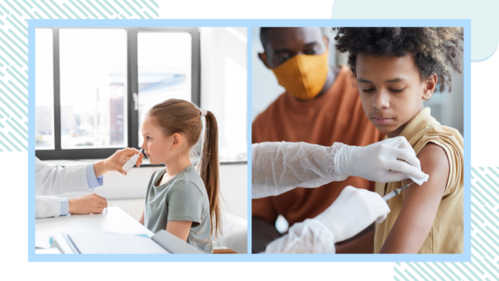 Photos showing a young girl having a nasal spray vaccination and a teenage boy having a injection in his upper arm.
