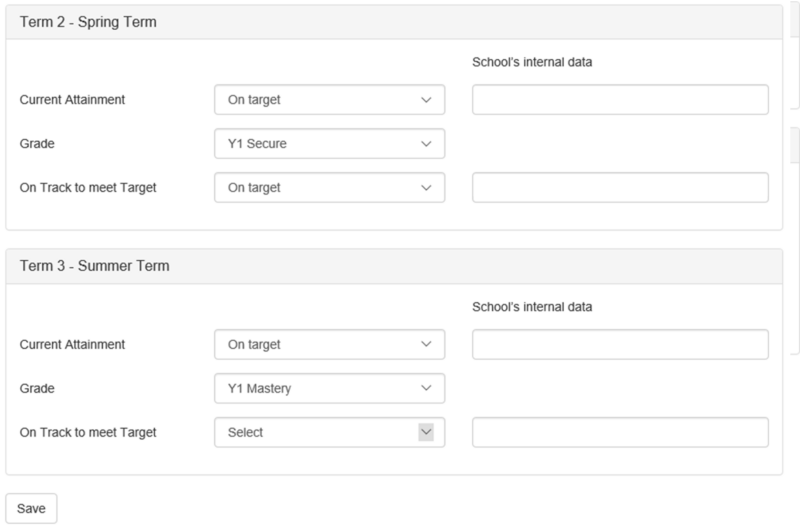 Screenshot of attainment screen with fields current attainment, grade and on track to meet target drop downs