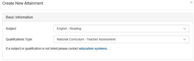 Screenshot of create new attainment