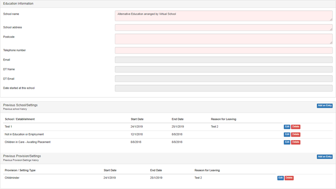 Screenshot of education information