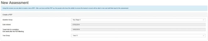 Screenshot of new assessment screen